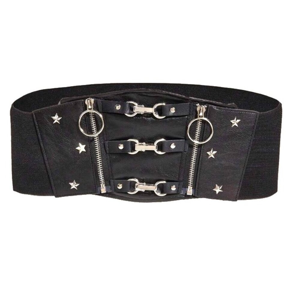 Zip Up Faux Leather Corset Belt Buckles Star Studs Stretchy Halloween Costume - Picture 2 of 5